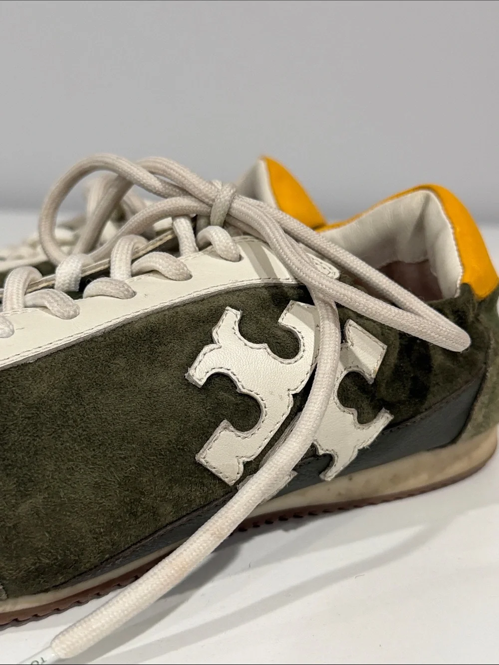 Tory Burch Olive Green Suede Lace-Up Sneakers with White Trim 8.5 - Picture 4 of 5